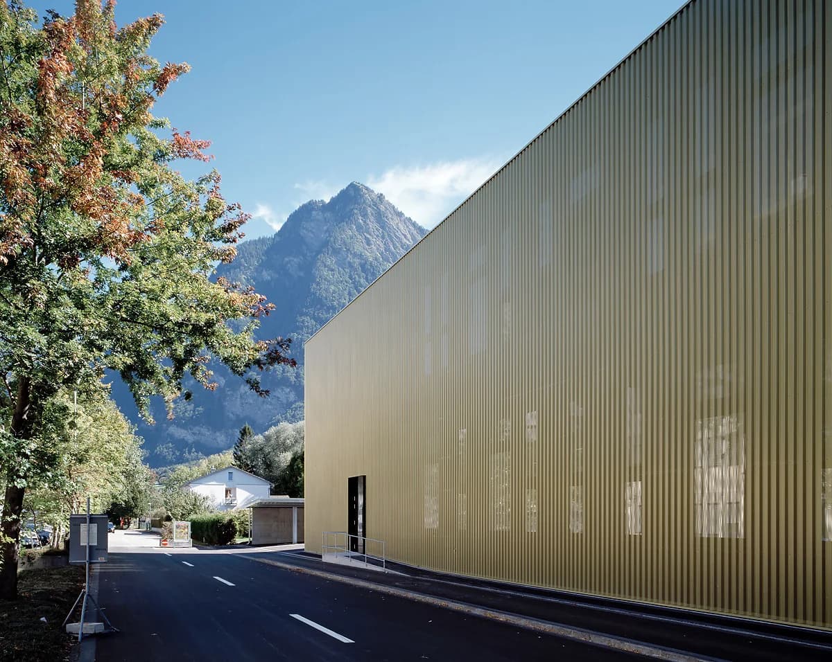 Gold metal façade with a mountain in the background